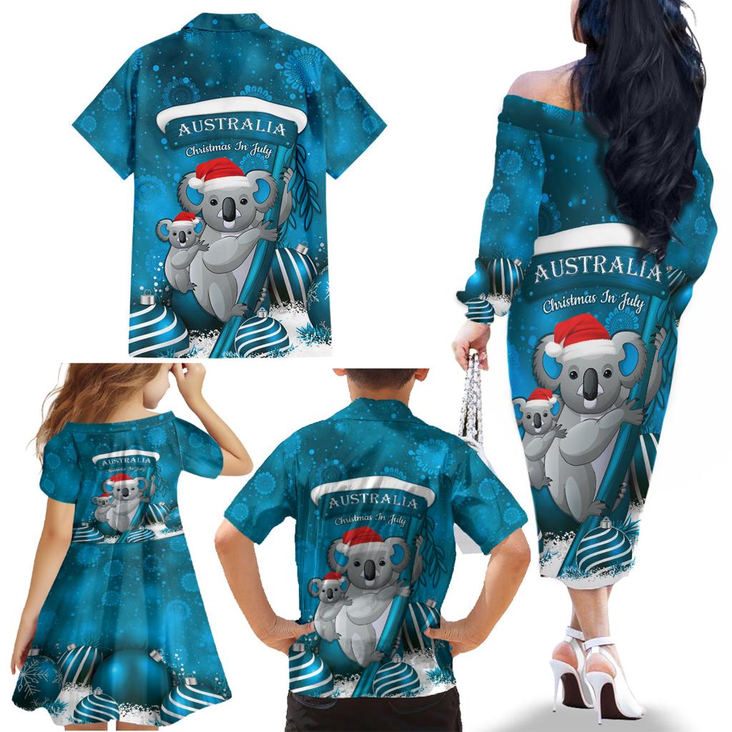 Australia Christmas In July Family Matching Off The Shoulder Long Sleeve Dress and Hawaiian Shirt Mommy and Baby Koala Santa - Blue