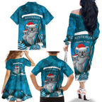 Australia Christmas In July Family Matching Off The Shoulder Long Sleeve Dress and Hawaiian Shirt Mommy and Baby Koala Santa - Blue