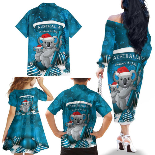 Australia Christmas In July Family Matching Off The Shoulder Long Sleeve Dress and Hawaiian Shirt Mommy and Baby Koala Santa - Blue