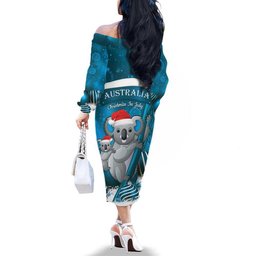 Australia Christmas In July Family Matching Off The Shoulder Long Sleeve Dress and Hawaiian Shirt Mommy and Baby Koala Santa - Blue