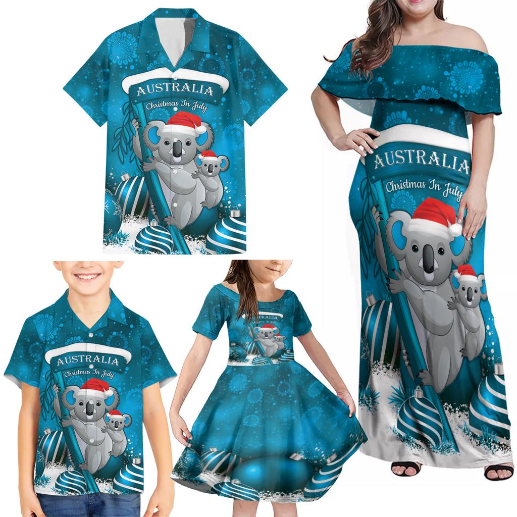Australia Christmas In July Family Matching Off Shoulder Maxi Dress and Hawaiian Shirt Mommy and Baby Koala Santa - Blue