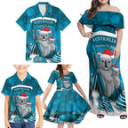 Australia Christmas In July Family Matching Off Shoulder Maxi Dress and Hawaiian Shirt Mommy and Baby Koala Santa - Blue