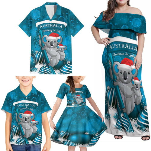 Australia Christmas In July Family Matching Off Shoulder Maxi Dress and Hawaiian Shirt Mommy and Baby Koala Santa - Blue