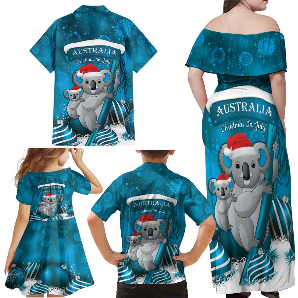 Australia Christmas In July Family Matching Off Shoulder Maxi Dress and Hawaiian Shirt Mommy and Baby Koala Santa - Blue