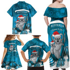 Australia Christmas In July Family Matching Off Shoulder Maxi Dress and Hawaiian Shirt Mommy and Baby Koala Santa - Blue