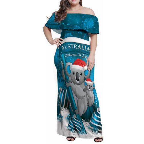 Australia Christmas In July Family Matching Off Shoulder Maxi Dress and Hawaiian Shirt Mommy and Baby Koala Santa - Blue