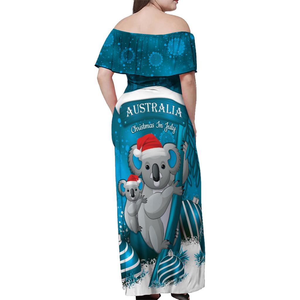 Australia Christmas In July Family Matching Off Shoulder Maxi Dress and Hawaiian Shirt Mommy and Baby Koala Santa - Blue