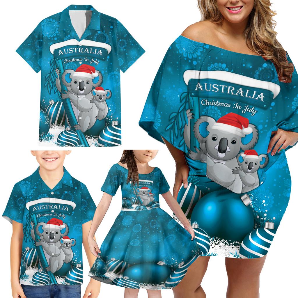 Australia Christmas In July Family Matching Off Shoulder Short Dress and Hawaiian Shirt Mommy and Baby Koala Santa - Blue