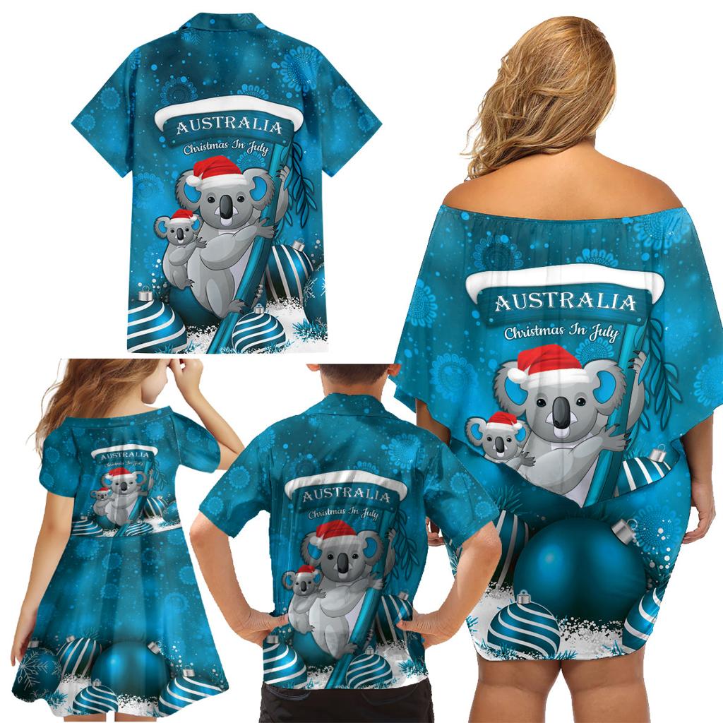 Australia Christmas In July Family Matching Off Shoulder Short Dress and Hawaiian Shirt Mommy and Baby Koala Santa - Blue