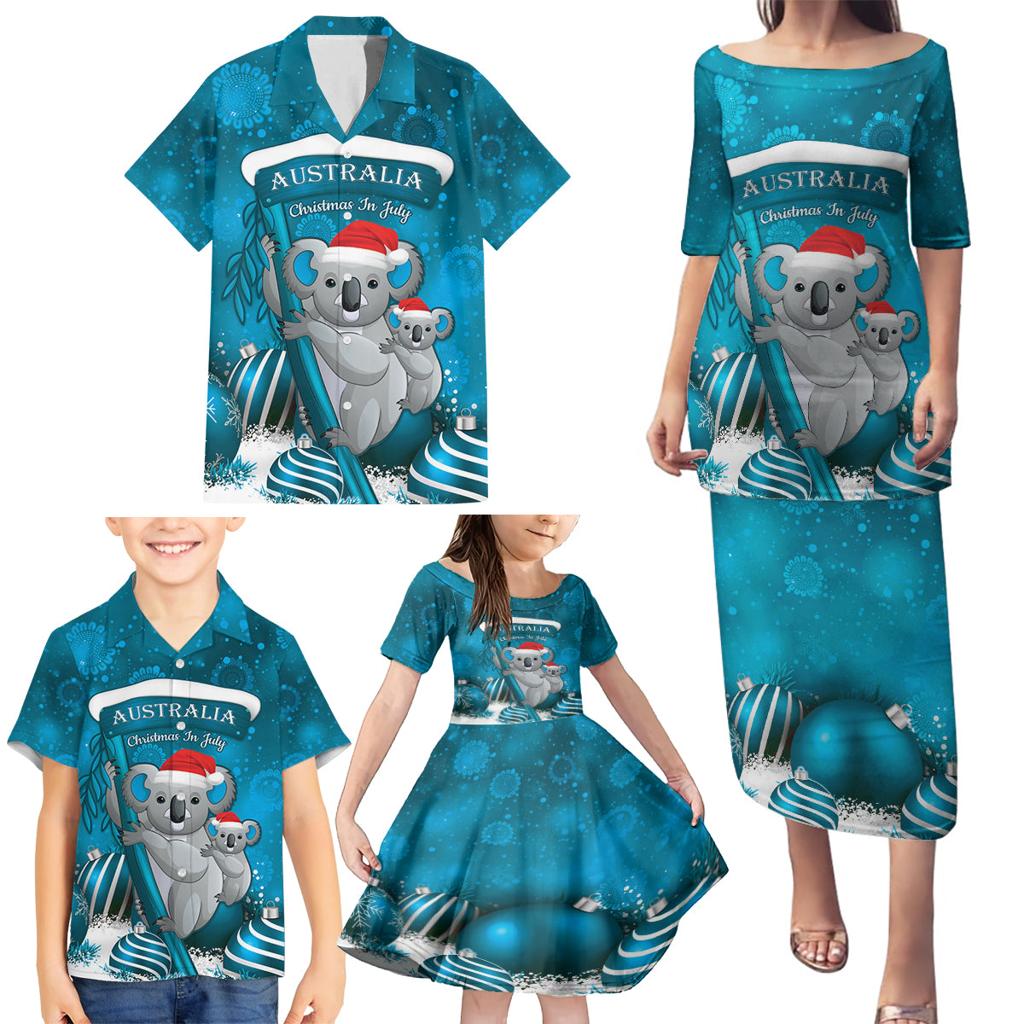Australia Christmas In July Family Matching Puletasi and Hawaiian Shirt Mommy and Baby Koala Santa - Blue