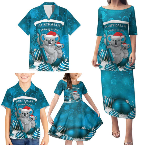 Australia Christmas In July Family Matching Puletasi and Hawaiian Shirt Mommy and Baby Koala Santa - Blue