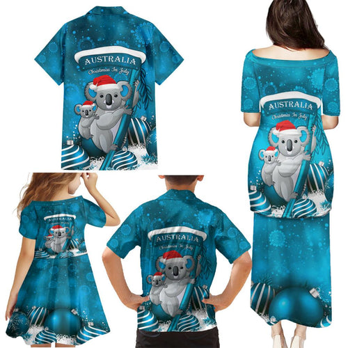 Australia Christmas In July Family Matching Puletasi and Hawaiian Shirt Mommy and Baby Koala Santa - Blue