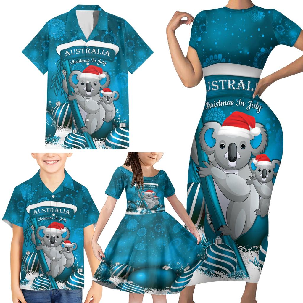 Australia Christmas In July Family Matching Short Sleeve Bodycon Dress and Hawaiian Shirt Mommy and Baby Koala Santa - Blue