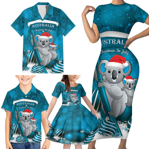 Australia Christmas In July Family Matching Short Sleeve Bodycon Dress and Hawaiian Shirt Mommy and Baby Koala Santa - Blue