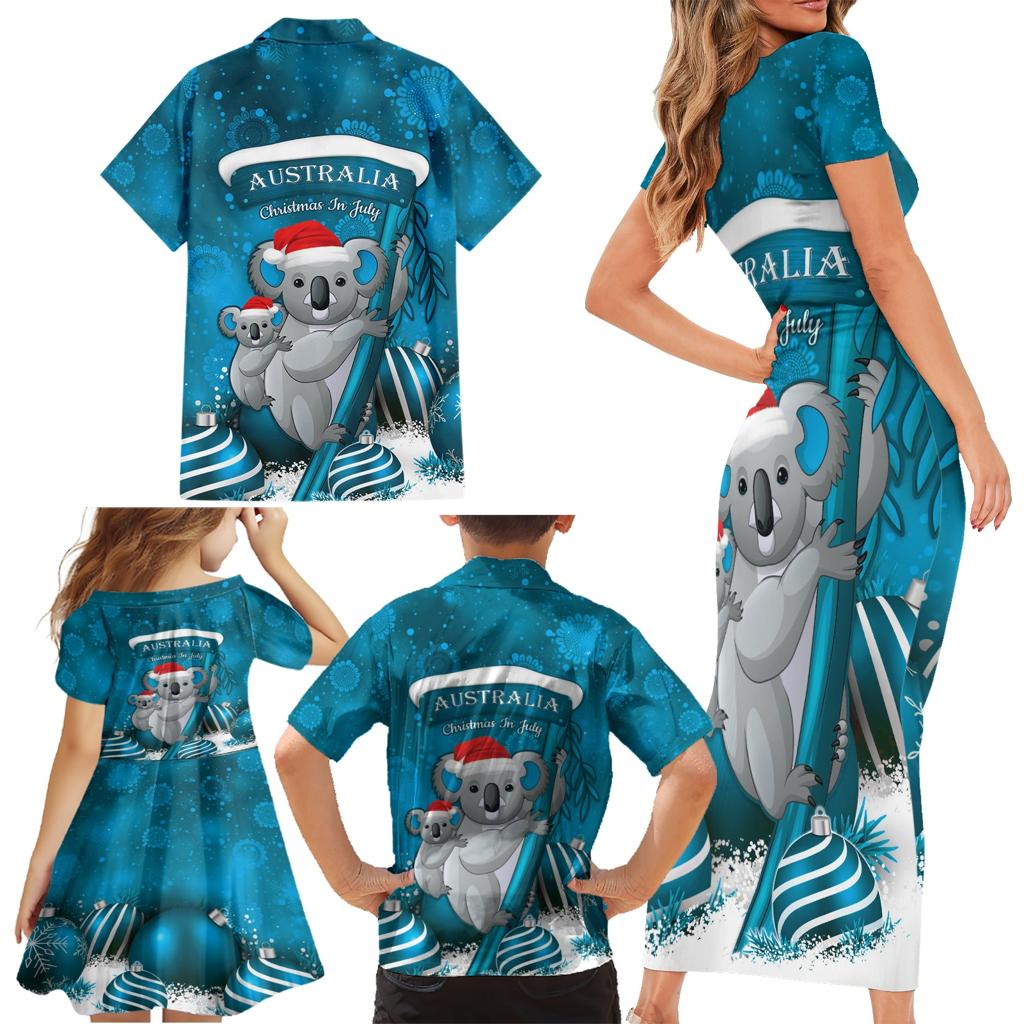 Australia Christmas In July Family Matching Short Sleeve Bodycon Dress and Hawaiian Shirt Mommy and Baby Koala Santa - Blue