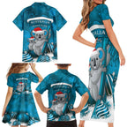 Australia Christmas In July Family Matching Short Sleeve Bodycon Dress and Hawaiian Shirt Mommy and Baby Koala Santa - Blue