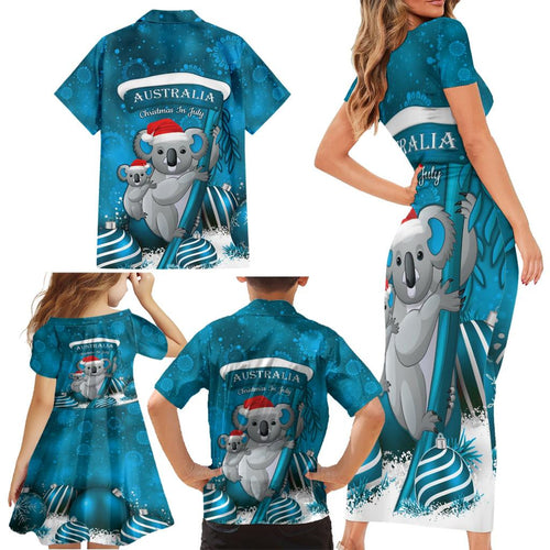 Australia Christmas In July Family Matching Short Sleeve Bodycon Dress and Hawaiian Shirt Mommy and Baby Koala Santa - Blue
