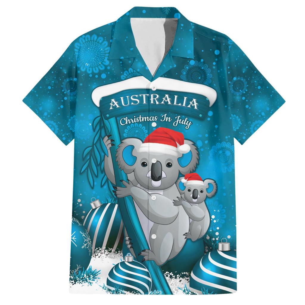 Australia Christmas In July Family Matching Short Sleeve Bodycon Dress and Hawaiian Shirt Mommy and Baby Koala Santa - Blue