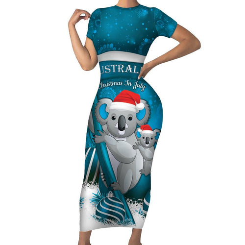 Australia Christmas In July Family Matching Short Sleeve Bodycon Dress and Hawaiian Shirt Mommy and Baby Koala Santa - Blue