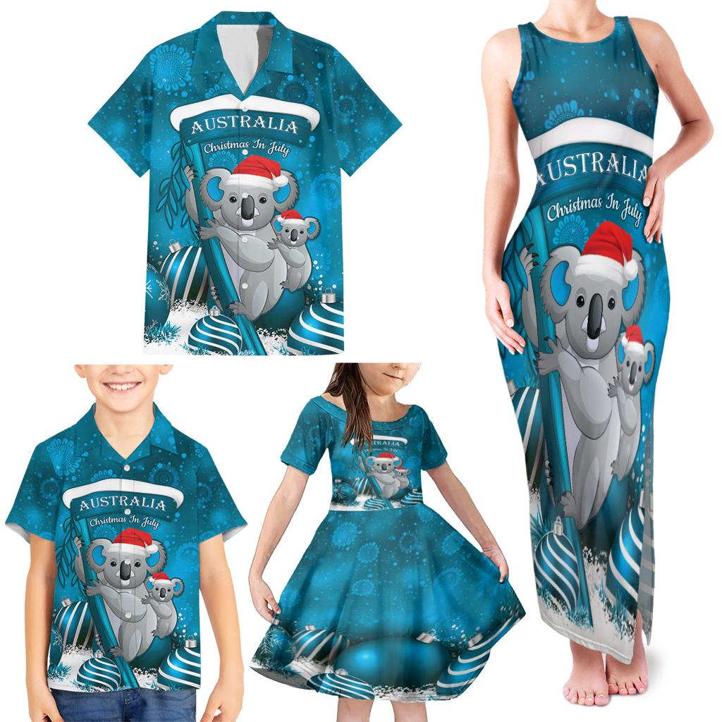 Australia Christmas In July Family Matching Tank Maxi Dress and Hawaiian Shirt Mommy and Baby Koala Santa - Blue