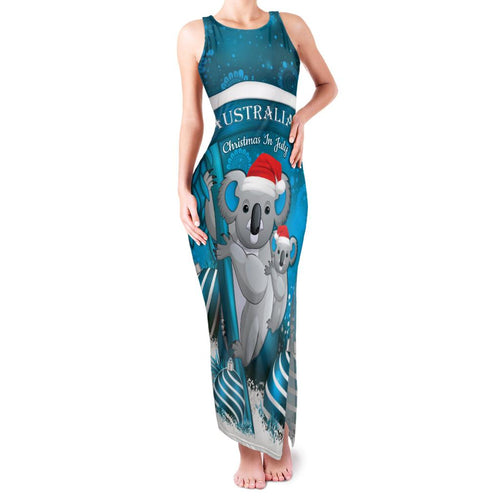 Australia Christmas In July Family Matching Tank Maxi Dress and Hawaiian Shirt Mommy and Baby Koala Santa - Blue