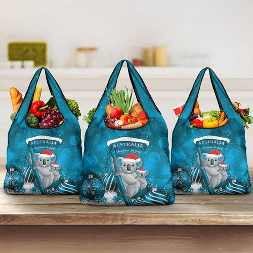 Australia Christmas In July Grocery Bag Mommy and Baby Koala Santa - Blue