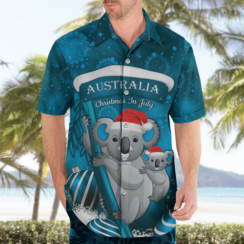 Australia Christmas In July Hawaiian Shirt Mommy and Baby Koala Santa - Blue