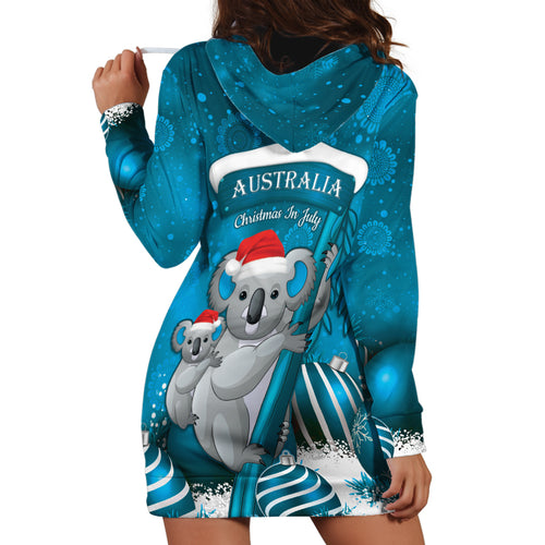 Australia Christmas In July Hoodie Dress Mommy and Baby Koala Santa - Blue