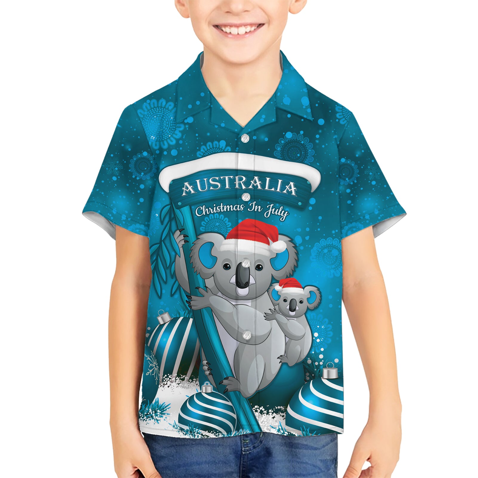 Australia Christmas In July Kid Hawaiian Shirt Mommy and Baby Koala Santa - Blue