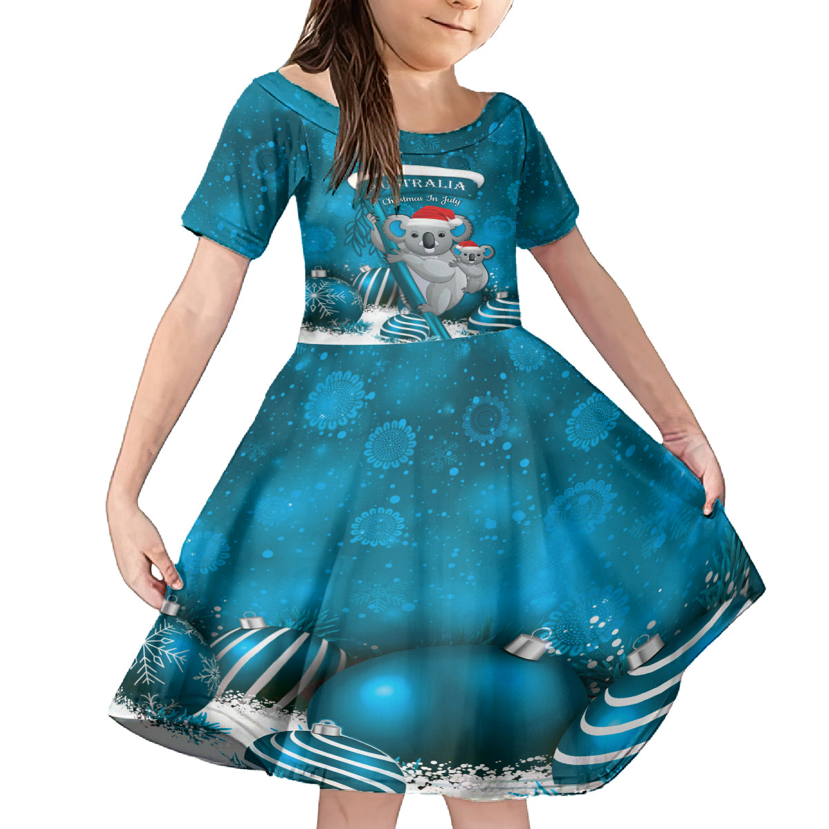 Australia Christmas In July Kid Short Sleeve Dress Mommy and Baby Koala Santa - Blue