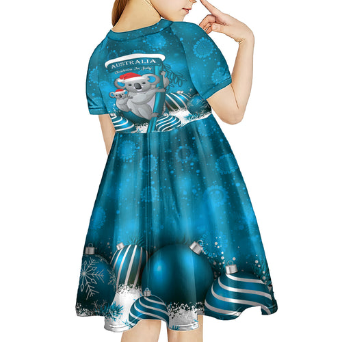 Australia Christmas In July Kid Short Sleeve Dress Mommy and Baby Koala Santa - Blue