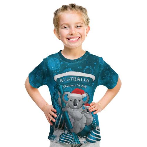 Australia Christmas In July Kid T Shirt Mommy and Baby Koala Santa - Blue