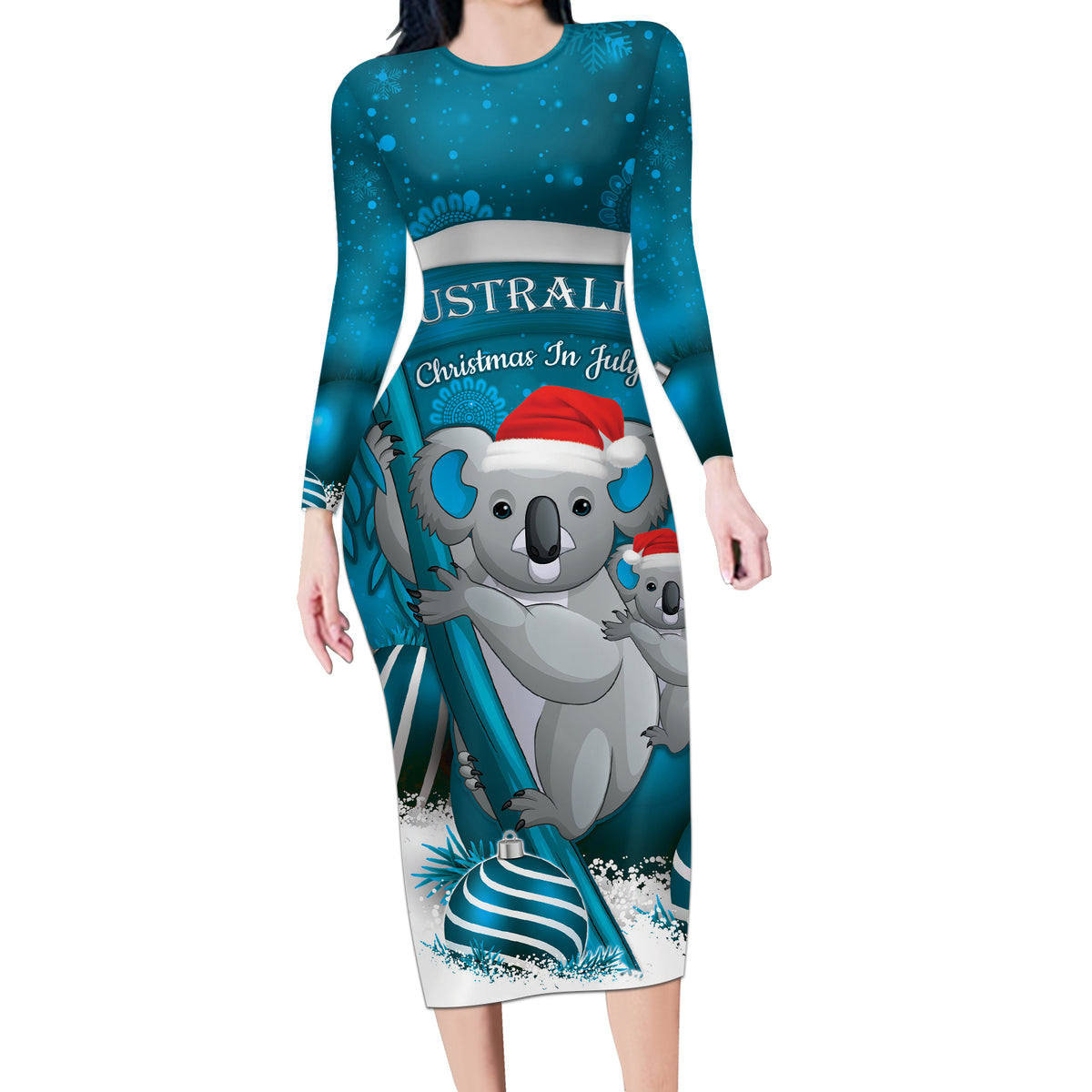 Australia Christmas In July Long Sleeve Bodycon Dress Mommy and Baby Koala Santa - Blue