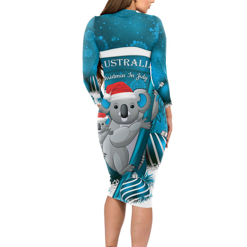 Australia Christmas In July Long Sleeve Bodycon Dress Mommy and Baby Koala Santa - Blue