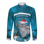 Australia Christmas In July Long Sleeve Button Shirt Mommy and Baby Koala Santa - Blue