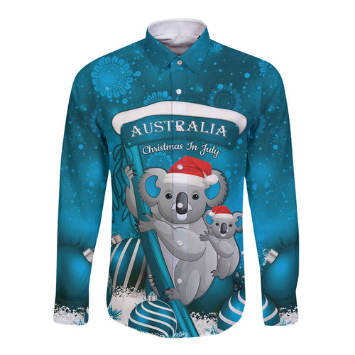Australia Christmas In July Long Sleeve Button Shirt Mommy and Baby Koala Santa - Blue