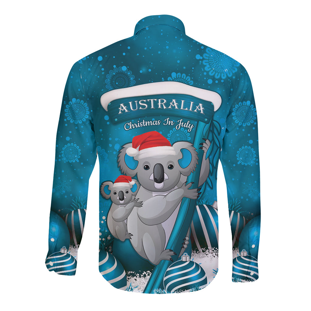 Australia Christmas In July Long Sleeve Button Shirt Mommy and Baby Koala Santa - Blue
