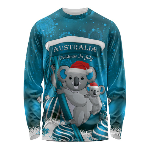 Australia Christmas In July Long Sleeve Shirt Mommy and Baby Koala Santa - Blue