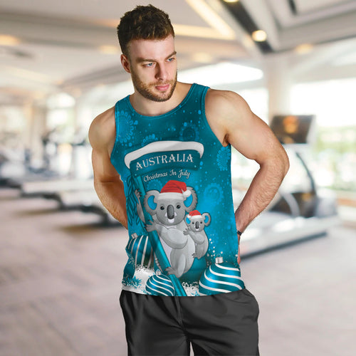 Australia Christmas In July Men Tank Top Mommy and Baby Koala Santa - Blue