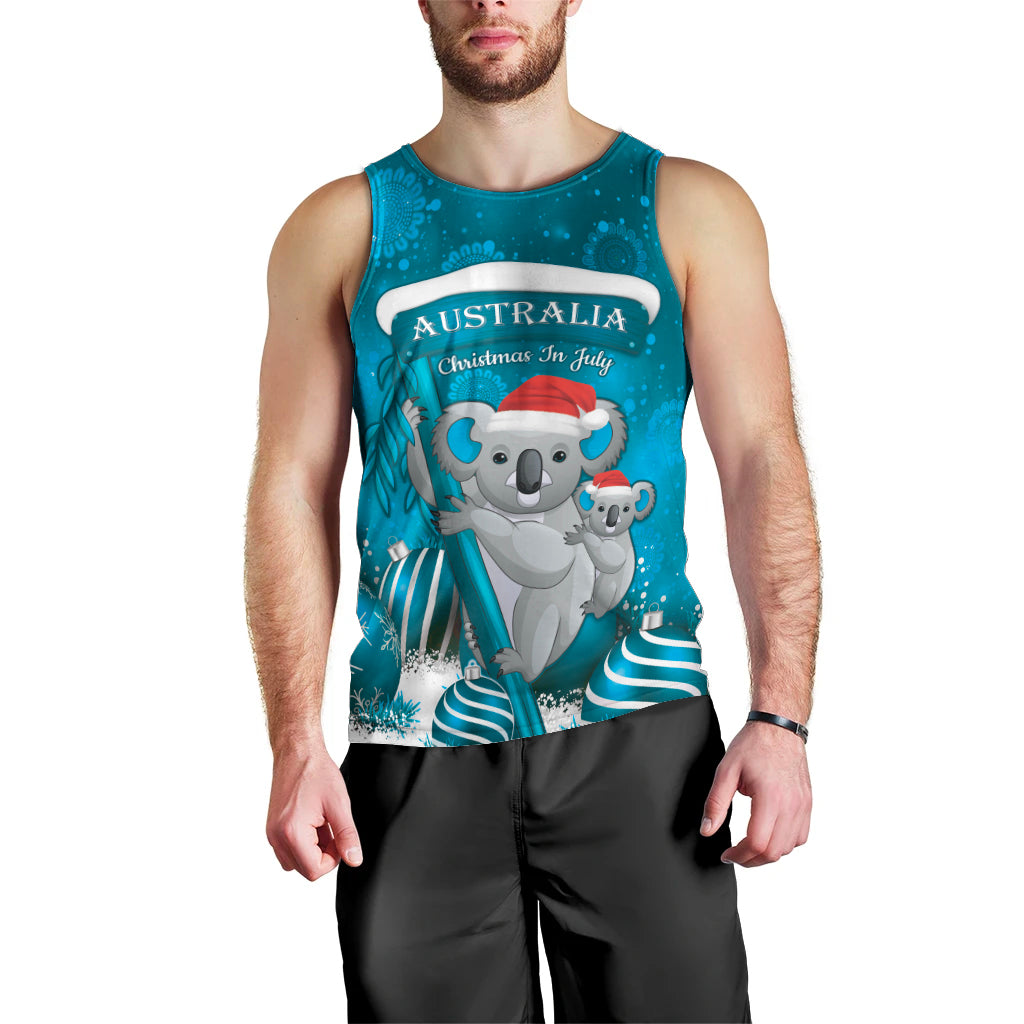 Australia Christmas In July Men Tank Top Mommy and Baby Koala Santa - Blue