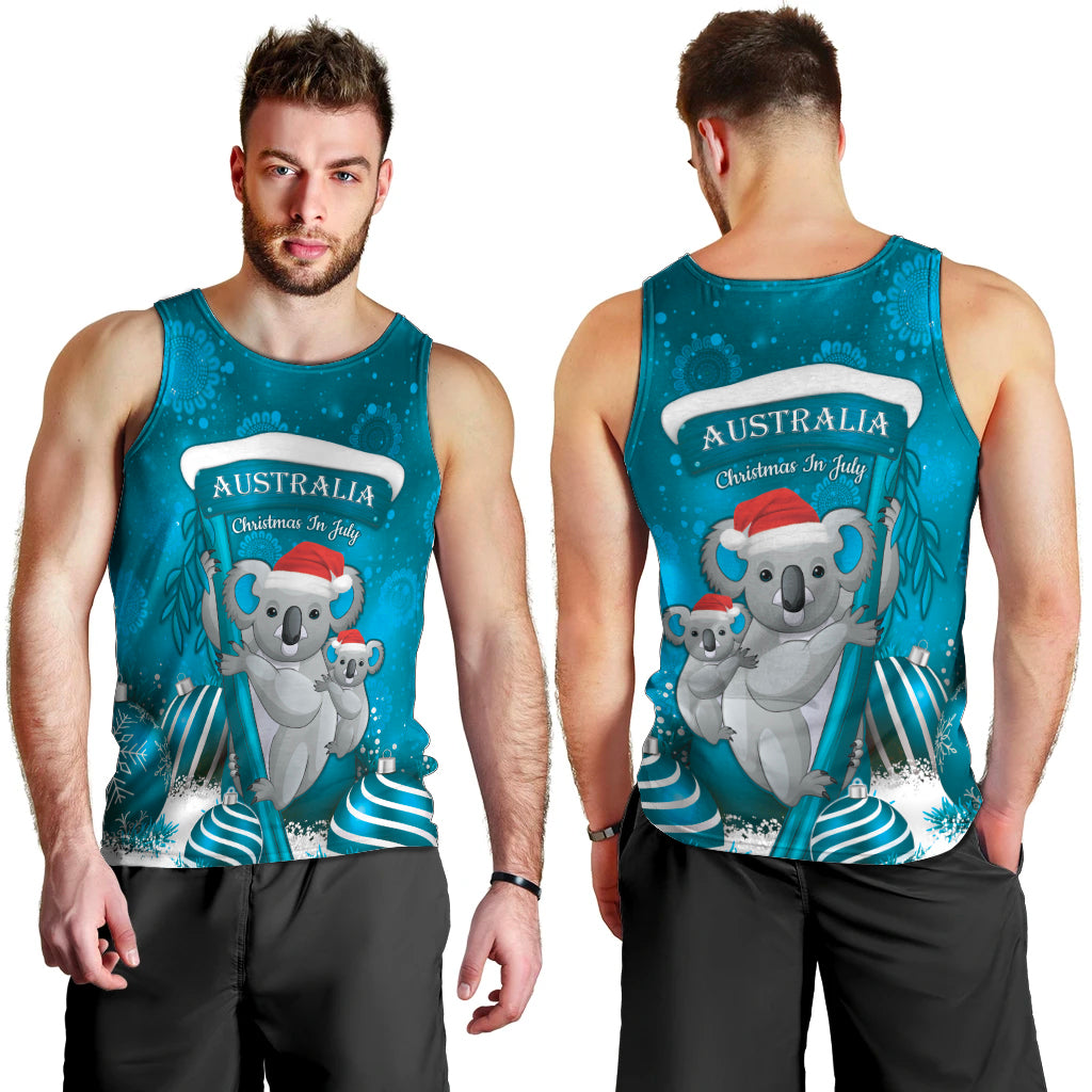 Australia Christmas In July Men Tank Top Mommy and Baby Koala Santa - Blue