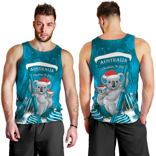 Australia Christmas In July Men Tank Top Mommy and Baby Koala Santa - Blue