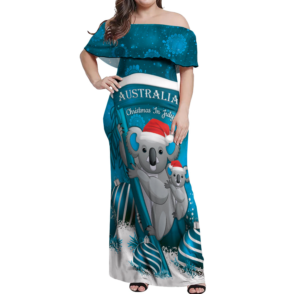 Australia Christmas In July Off Shoulder Maxi Dress Mommy and Baby Koala Santa - Blue