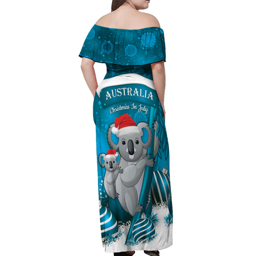Australia Christmas In July Off Shoulder Maxi Dress Mommy and Baby Koala Santa - Blue