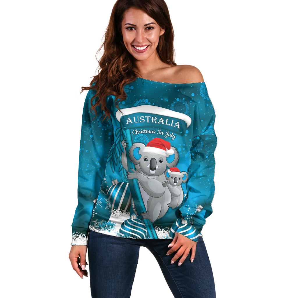 Australia Christmas In July Off Shoulder Sweater Mommy and Baby Koala Santa - Blue