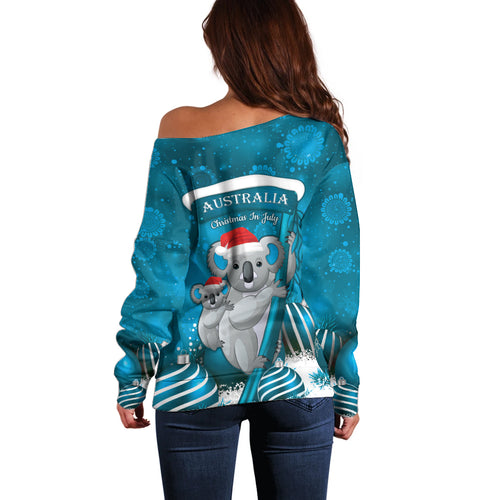 Australia Christmas In July Off Shoulder Sweater Mommy and Baby Koala Santa - Blue