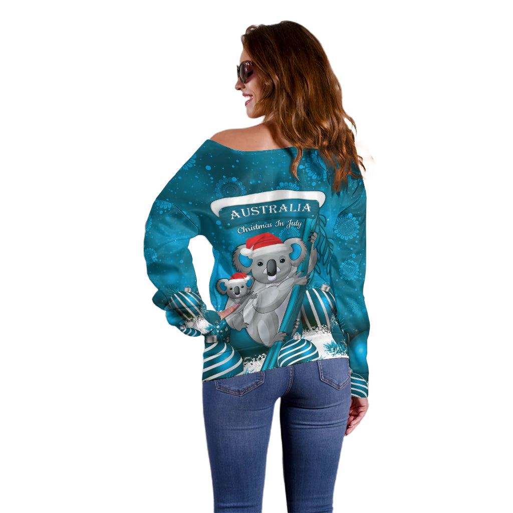 Australia Christmas In July Off Shoulder Sweater Mommy and Baby Koala Santa - Blue