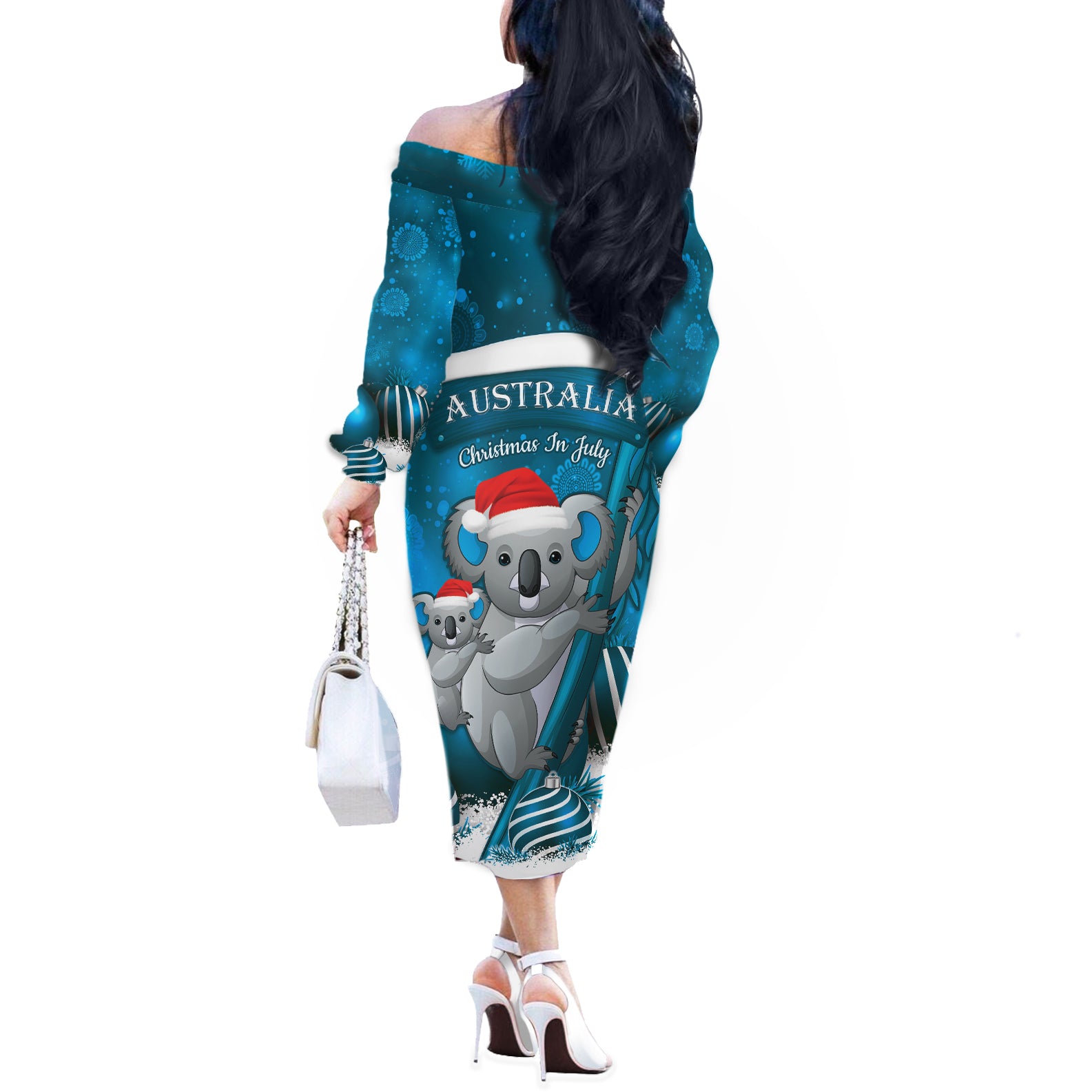 Australia Christmas In July Off The Shoulder Long Sleeve Dress Mommy and Baby Koala Santa - Blue