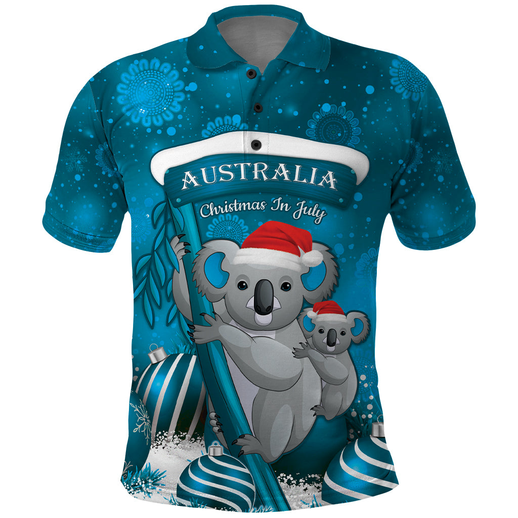 Australia Christmas In July Polo Shirt Mommy and Baby Koala Santa - Blue