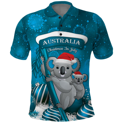 Australia Christmas In July Polo Shirt Mommy and Baby Koala Santa - Blue